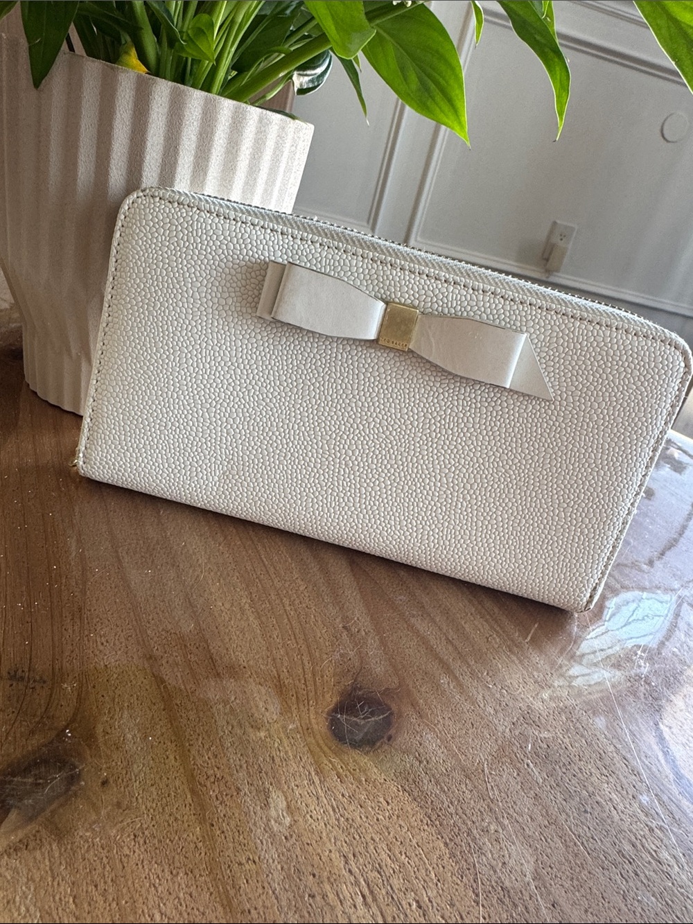 Ted Baker Ivory Pebble Zip-Around Wallet with Bow Accent